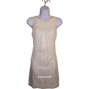 White House Black Market Silk Cream Cocktail Dress with lacy sequin overlay sz 4